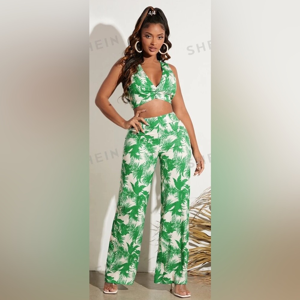 SHEIN SXY TROPICAL PRINT CROP TOP & WIDE LEG PANTS TWO PIECE VACATION SET